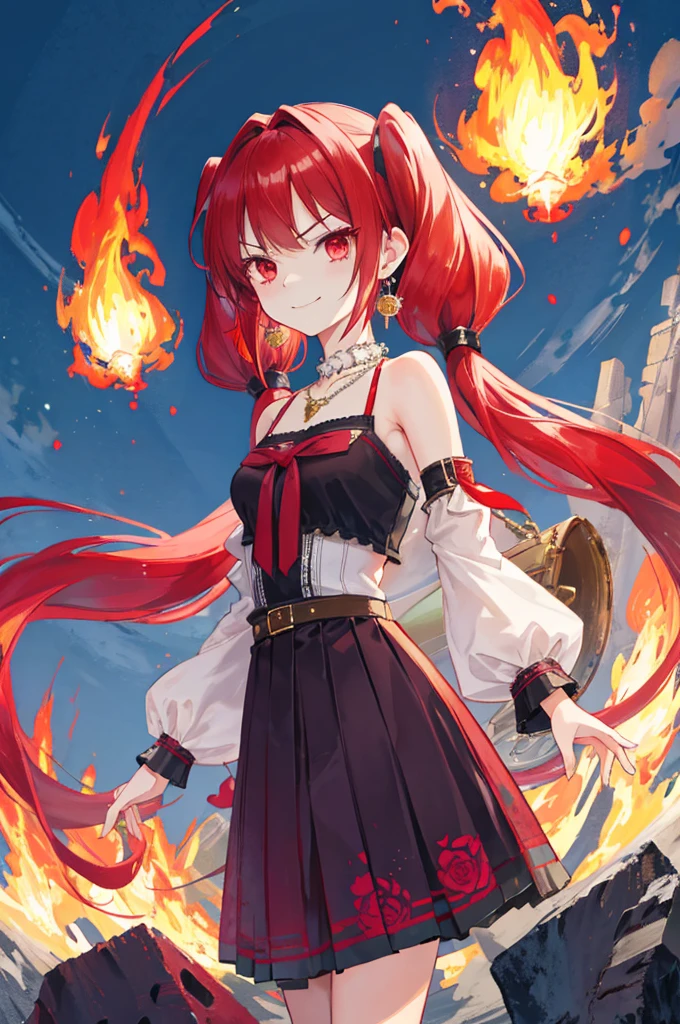 {{Eroge,Game CG,High quality game CG},{{{1girl in}}},{{masutepiece}}, {{{Best Quality}}}, {{Ultra-detailed}}, {{Illustration}},,{{magical little girl}},brooches,,,, {{disheveled hair}},,Big hair, Gradient Hair,Small breasts,,,Drill Hair, {pocket watch},absurdly long hair, Dreadlocks, Red hair, Red hair,Red hair,Gradient Hair,((Evil smile)), v shaped_eyebrows, zettai_ryouiki,,,, floral print and pleated skirt. Add accessories like fringed earrings or a statement necklace.、Complete the look. Gather on the grassland with adventurers,burning city background,((Shoulders and arms are exposed)),(Evil smile),Furious,(Evil smile),(loli girl),(loli girl),Jewel-like red eyes,(Arms Exposed),((high twintails)),twintails, girl,((full body)),angry,