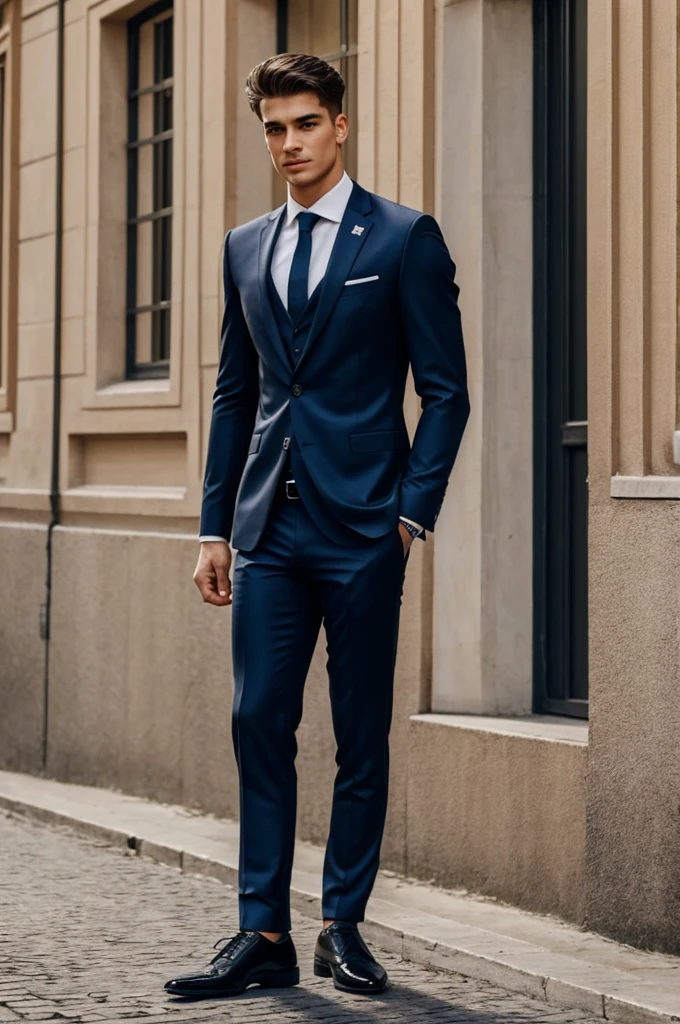 Man, 20 years, athletic build, in formal suit, European appearance, looks at the camera