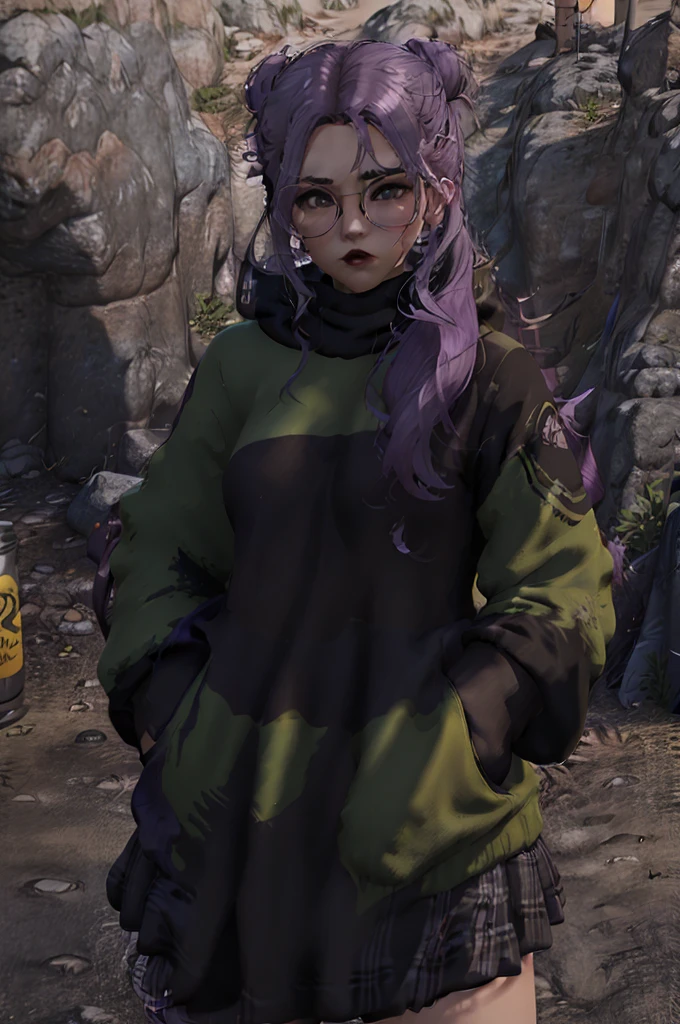 1girl, solo, purple hair, green jacket, black skirt, mountain in background, wearing glasses, perfection, beautiful