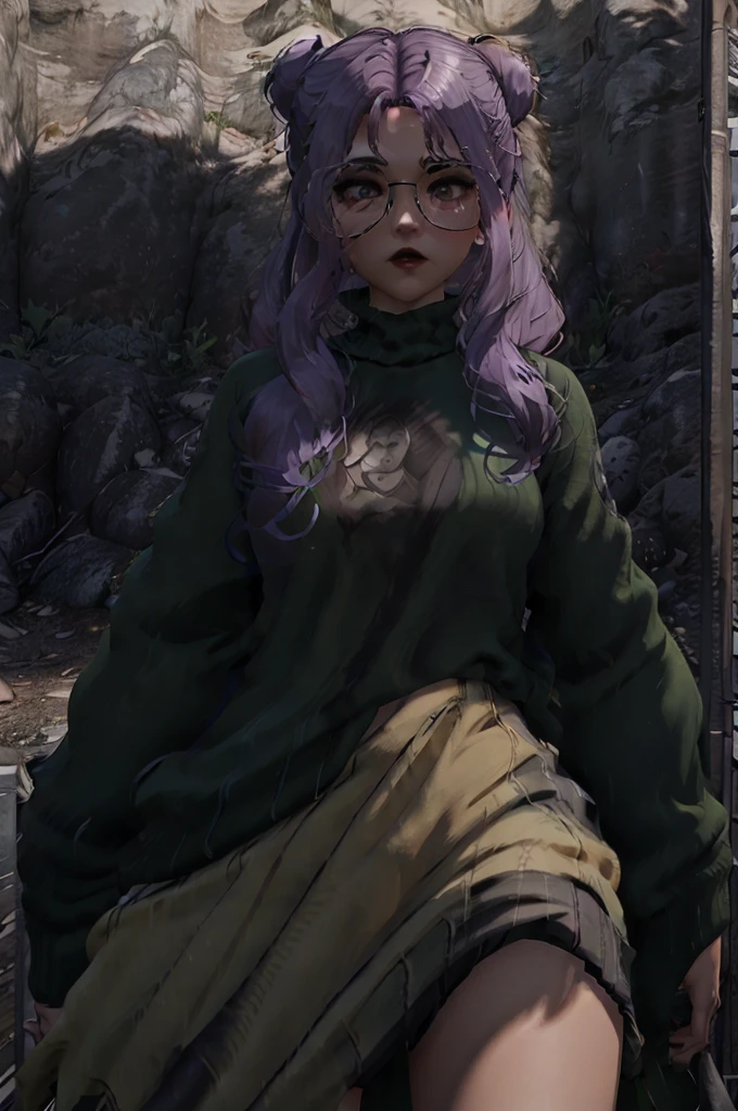 1girl, solo, purple hair, green jacket, black skirt, mountain in background, wearing glasses, perfection, beautiful