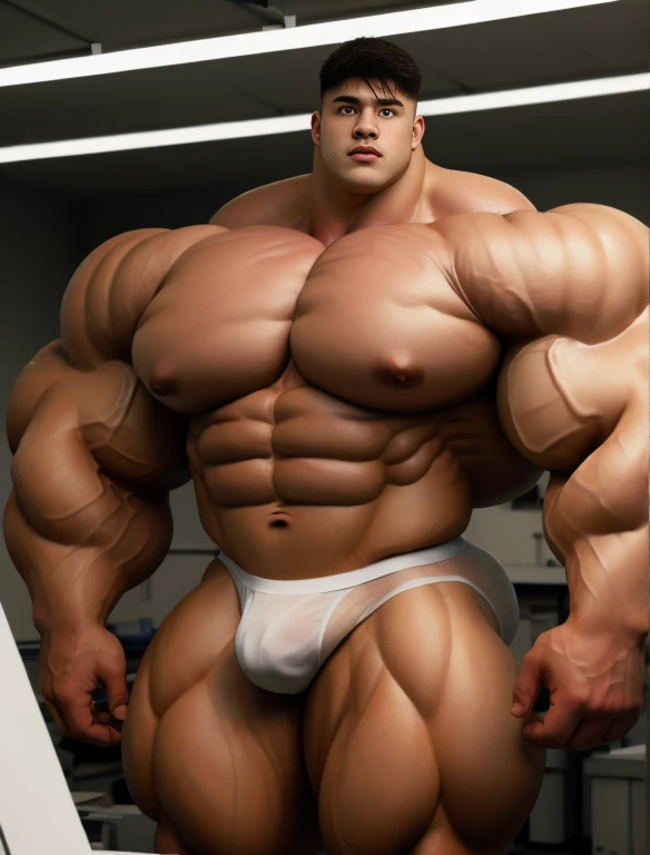 1boy, giant, model shoot style, staring, illuminating light, strong body, bulk, large size, cramped in the abandoned laboratory, nude, white triangular underwear, prominent bulge, big, brutalmass, giant, muscular body, bulk, massive body, large meaty body size 