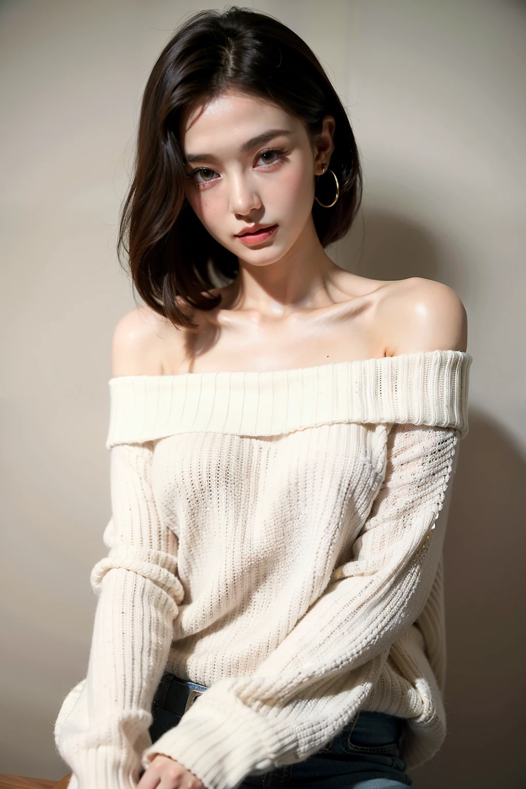 ((highest quality)), ((masterpiece)), (detailed), One girl, Off-the-shoulder sweater, 