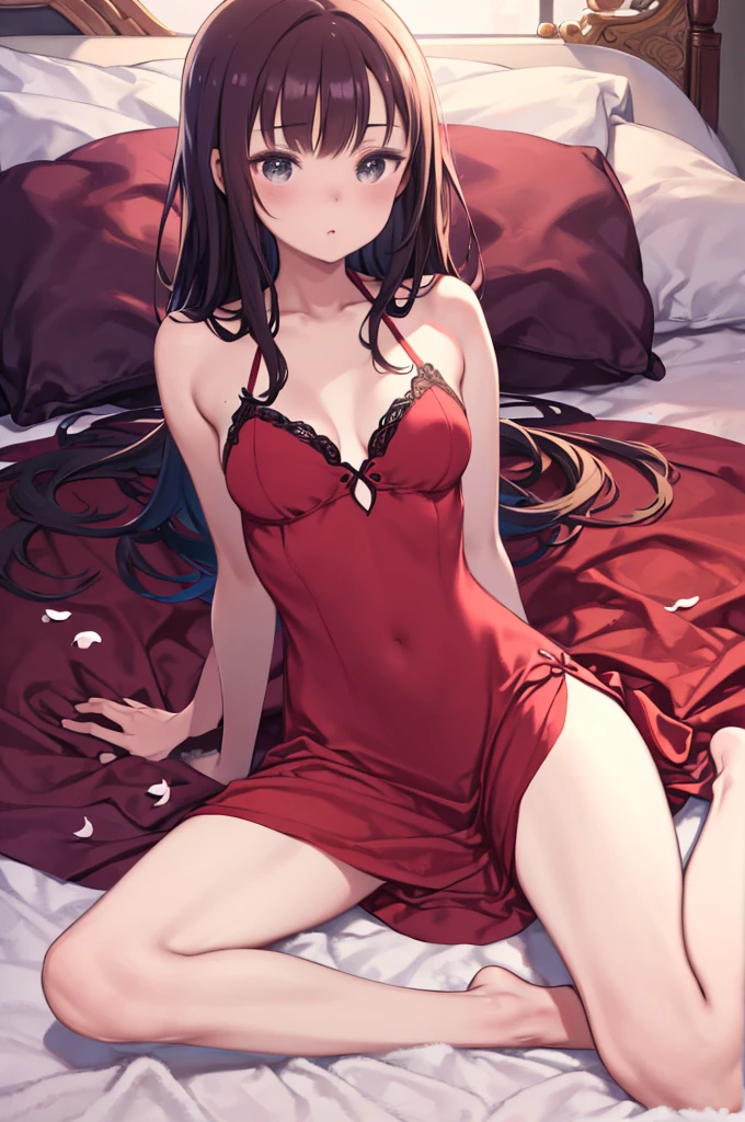 wonderful, highest quality , Super detailed, High resolution, Very detailed,highest quality ,masterpiece, figure, Very delicate and beautiful, Very detailed ,CG ,8k wallpaper, wonderful, Fine details, masterpiece,highest quality,Official Art,,Cleavage close-up,Volumetric Light,Mood Lighting,((night)),There are petals on the bed,𝓡𝓸𝓶𝓪𝓷𝓽𝓲𝓬,A true light source,One girl,Focus on the thighs,Brunette color hair,((Loose red silk nightdress)),Sit on a big red bed,Red pillow,((Red silk sheets)),Small underbust,M-leg spread,barefoot,Absolute area