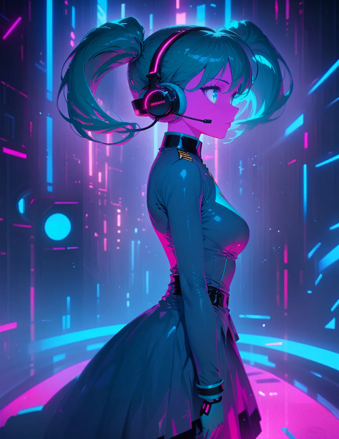 Movie Poster page, (promotional poster), Hatsune Miku, 1female, solo, humanoid android, teal hair, teal eyes, singer's uniform, headset, WeirdOutfit style, concert, Nippon Budokan, glowneon, glowing, sparks, lightning, shadow minimalism, (best quality), (masterpiece), detailed, beautiful detailed eyes, perfect anatomy, perfect body, perfect face, perfect hair, perfect legs, perfect hands, perfect arms, perfect fingers, detailed hair, detailed face, detailed eyes, detailed clothes, detailed skin, ultra-detailed, (full body), (upper body), (top quality), pop art, extremely detailed, extremely detailed CG, (high resolution), highly detailed, (high quality), (perfect quality), (glitchcore colors)