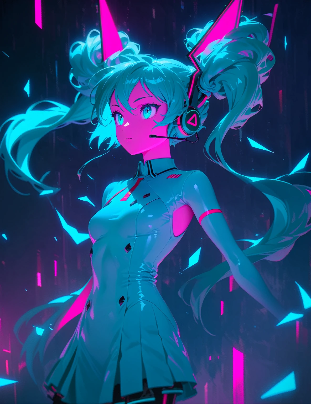 Movie Poster page, (promotional poster), Hatsune Miku, 1female, solo, humanoid android, teal hair, teal eyes, singer's uniform, headset, WeirdOutfit style, concert, Nippon Budokan, glowneon, glowing, sparks, lightning, shadow minimalism, (best quality), (masterpiece), detailed, beautiful detailed eyes, perfect anatomy, perfect body, perfect face, perfect hair, perfect legs, perfect hands, perfect arms, perfect fingers, detailed hair, detailed face, detailed eyes, detailed clothes, detailed skin, ultra-detailed, (full body), (upper body), (top quality), pop art, extremely detailed, extremely detailed CG, (high resolution), highly detailed, (high quality), (perfect quality), (glitchcore colors)