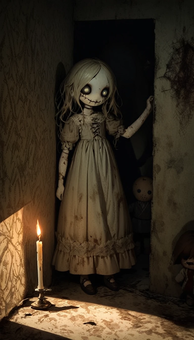 "A creepy, vintage doll with cracked porcelain skin and lifeless, glassy eyes. The doll wears a tattered, old-fashioned dress with lace trim, and its hair is disheveled and matted. It stands in a dimly lit, dusty room with cobwebs in the corners and peeling wallpaper. Shadows cast eerie shapes on the walls, and a single, flickering candle provides the only light, emphasizing the unsettling atmosphere. The doll's expression is haunting, with a sinister smile that sends chills down your spine