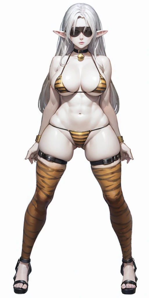 full body toe to head, masterpiece, 1soloMILF BIMBO standing loincloth pose hands on hips, leather collar choker neck bell shackles wristbands bracers bracelets sleeves and stockings, strong body, abs, shiny skin (masterpiece, best quality) 1girlsolo wearing 40K Warhammer sisters of battle whsororitas (plain background)