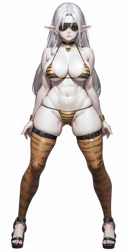 full body toe to head, masterpiece, 1soloMILF BIMBO standing loincloth pose hands on hips, leather collar choker neck bell shackles wristbands bracers bracelets sleeves and stockings, strong body, abs, shiny skin (masterpiece, best quality) 1girlsolo wearing 40K Warhammer sisters of battle whsororitas (plain background)
