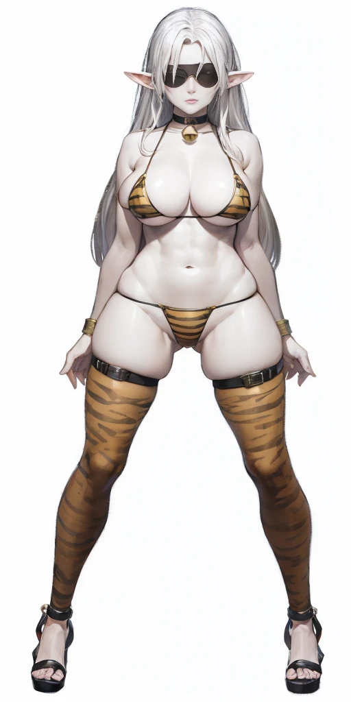 full body toe to head, masterpiece, 1soloMILF BIMBO standing loincloth pose hands on hips, leather collar choker neck bell shackles wristbands bracers bracelets sleeves and stockings, strong body, abs, shiny skin (masterpiece, best quality) 1girlsolo wearing 40K Warhammer sisters of battle whsororitas (plain background)