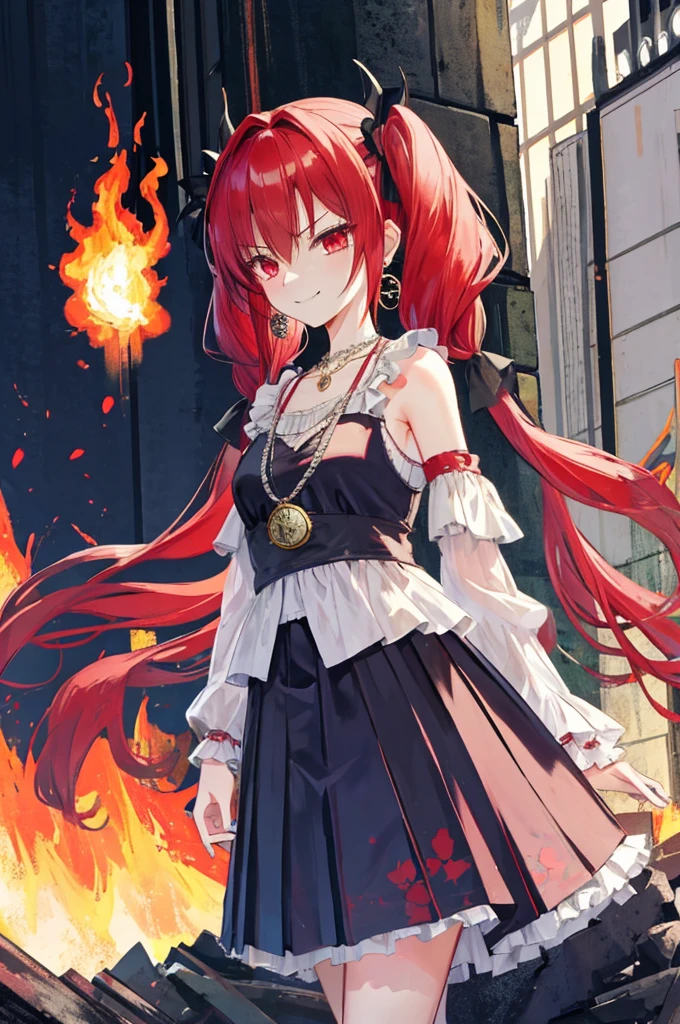 {{Eroge,Game CG,High quality game CG},{{{1girl in}}},{{masutepiece}}, {{{Best Quality}}}, {{Ultra-detailed}}, {{Illustration}},,{{magical little girl}},brooches,,,, {{disheveled hair}},,Big hair, Gradient Hair,Small breasts,,,Drill Hair, {pocket watch},absurdly long hair, Dreadlocks, Red hair, Red hair,Red hair,Gradient Hair,((Evil smile)), v shaped_eyebrows, zettai_ryouiki,,,, floral print and pleated skirt. Add accessories like fringed earrings or a statement necklace.、Complete the look. Gather on the grassland with adventurers,burning city background,((Shoulders and arms are exposed)),(Evil smile),Furious,(Evil smile),(loli girl),(loli girl),Jewel-like red eyes,(Arms Exposed),((high twintails)),twintails, girl,((full body)),angry,