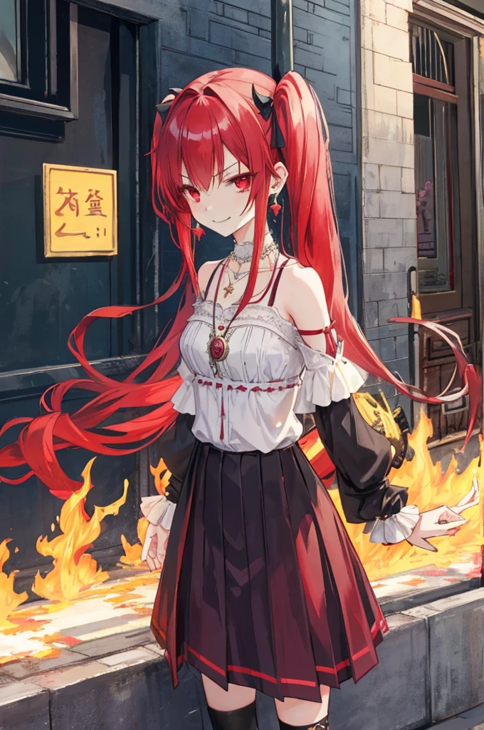 {{Eroge,Game CG,High quality game CG},{{{1girl in}}},{{masutepiece}}, {{{Best Quality}}}, {{Ultra-detailed}}, {{Illustration}},,{{magical girl}},brooches,,,, {{disheveled hair}},,Big hair, Gradient Hair,Small breasts,,,Drill Hair, {pocket watch},absurdly long hair, Dreadlocks, Red hair, Red hair,Red hair,Gradient Hair,((Evil smile)), v shaped_eyebrows, zettai_ryouiki,,,, floral print and pleated skirt. Add accessories like fringed earrings or a statement necklace.、Complete the look. Gather on the grassland with adventurers,burning city background,((Shoulders and arms are exposed)),(Evil smile),Furious,(Evil smile),(loli gl),(loli gir,Jewel-like red eyes,(Arms Exposed),((high twintails)),twintails, girl,((full body)),angry,