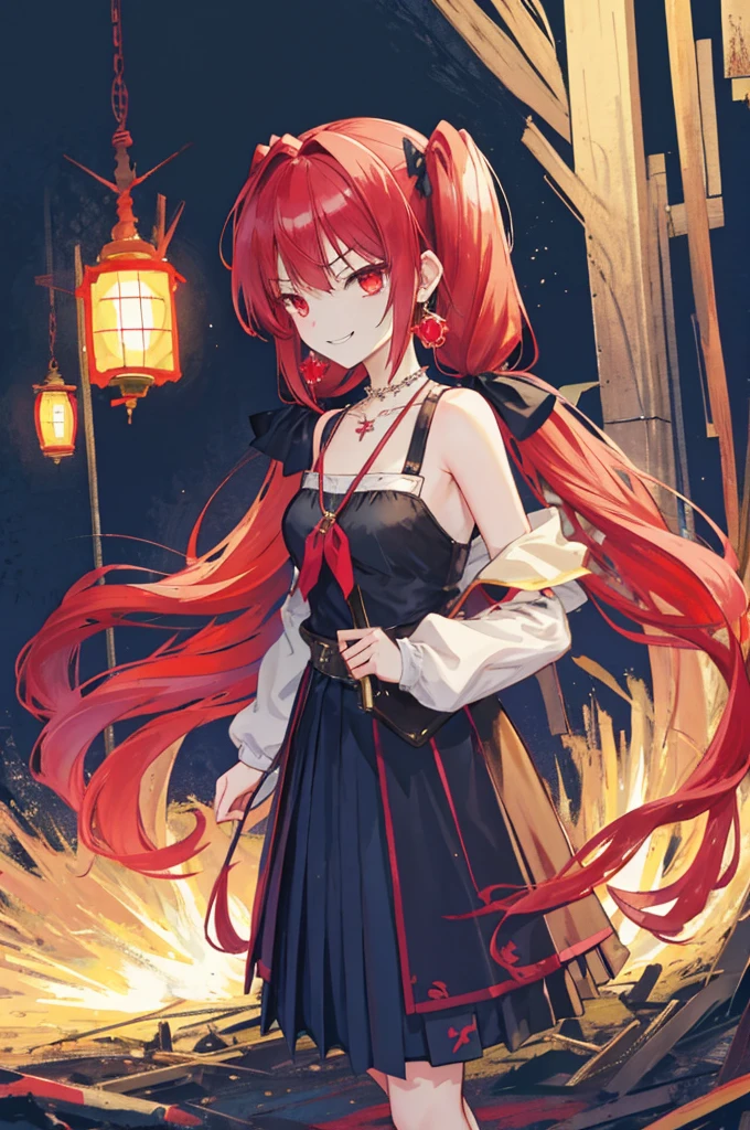 {{Eroge,Game CG,High quality game CG},{{{1girl in}}},{{masutepiece}}, {{{Best Quality}}}, {{Ultra-detailed}}, {{Illustration}},,{{magical little girl}},brooches,,,, {{disheveled hair}},,Big hair, Gradient Hair,Small breasts,,,Drill Hair, {pocket watch},absurdly long hair, Dreadlocks, Red hair, Red hair,Red hair,Gradient Hair,((Evil smile)), v shaped_eyebrows, zettai_ryouiki,,,, floral print and pleated skirt. Add accessories like fringed earrings or a statement necklace.、Complete the look. Gather on the grassland with adventurers,burning city background,((Shoulders and arms are exposed)),(Evil smile),Furious,(Evil smile),(loli girl),(loli girl),Jewel-like red eyes,(Arms Exposed),((high twintails)),twintails, girl,((full body)),angry,