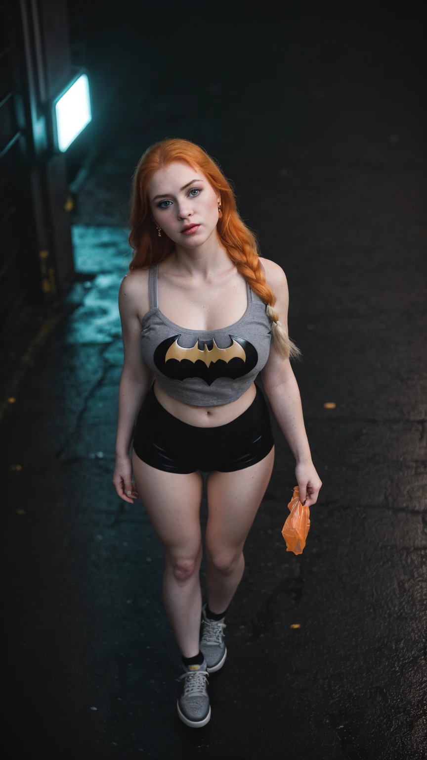 Cinematographic still, natutural lighting, bright lighting, Light is shining over her body, depth of field, high resolution, reflection light, bokeh, Realism, 8K. Solo. Amidst the neon-lit glow of a retro-street, busty ginger in Gotham City, with neon lights and desaturated colors. She's dressed in a hip-hop style, a floral print Apricot-Streetwear Clothes, an oversized t-shirt(with BATMAN-print, and a short shorts, and black&light gray-accessories(BATMAN earrings), and sneakers, and holding a plastic bag, caught in an asymmetrical pose. Characters: Ginger girl(very busty), bold eyebrows, blue eyes, soft makeup, puffy lips, long straight hair(orange-hair), porcelain skin, wide hips, large breasts, perfect hands, perfect fit legs. Setting: Gotham City, perpetual twilight, towering skyscrapers, grimy alleyways, neon-signs, wet-pavements, dim yellow streetlights, shadows concealing horrors. Posing: Asymmetrical pose, holding a plastic bag, walking on the city's sidewalk. Color scheme theme: ((((BATMAN print, Apricot/Black/Light-Gray colors palette theme, with a gold accents))). The scene is captured on a faded film reminiscent of a 70mm(photo from decades past). The colors are desaturated(emphasizing the gloom). The overall effect is akin to the Kodachrome slides of yesteryears, with a touch of Lomography’s(capturing a moment frozen in time). The scene is dark, with harsh lighting and a blurred bokeh background. ((FROM THE ABOVE VIEW))

