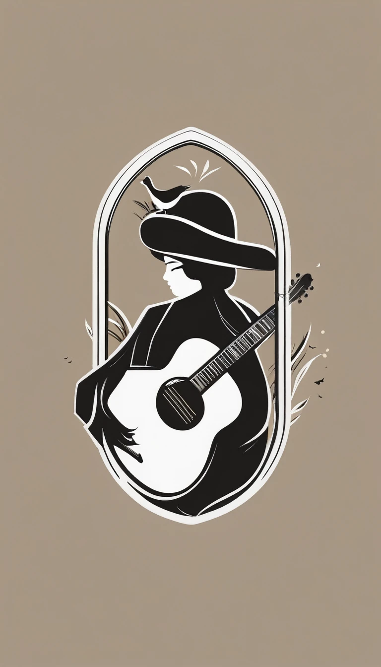 A minimal, modern, simple, cinematic logo design for the brand “Penamemoria". The logotype must be a boy playing acoustic guitar alongside a bird and a feather. The logo must convey a sense of music, stories and dreams. Minimalistic logo of a boy playing acoustic guitar and dissolving into a feather