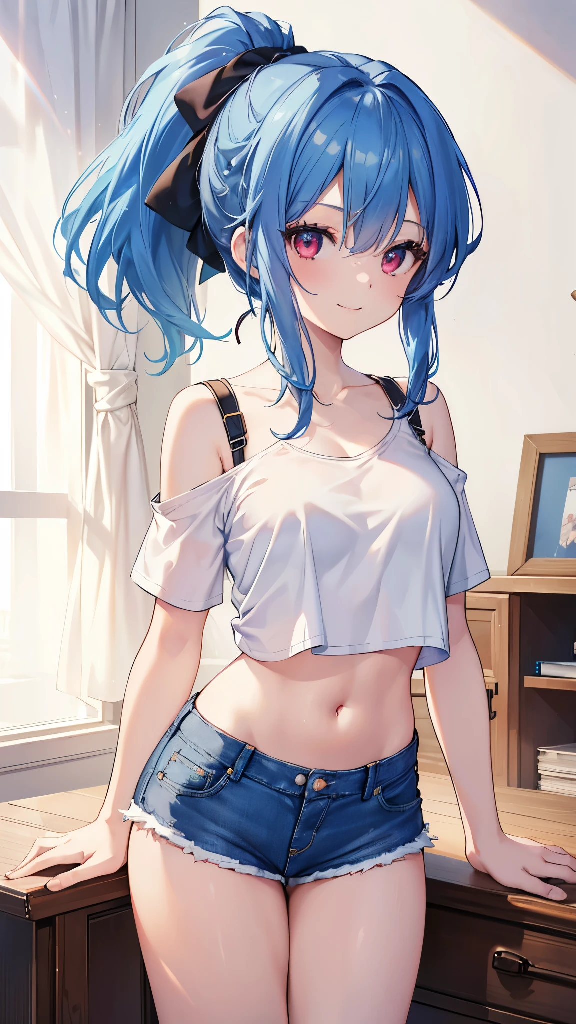 (8k、Best image quality、highest quality、masterpiece)、Detailed face、 One girl、Blue Hair、Long Hair、ponytail、Red eyes、smile、Moderate breasts、((White T-shirt))、Off the shoulder、Black shoulder straps、belly button、((denim short shorts))、Cowboy Shot、Bedroom Background