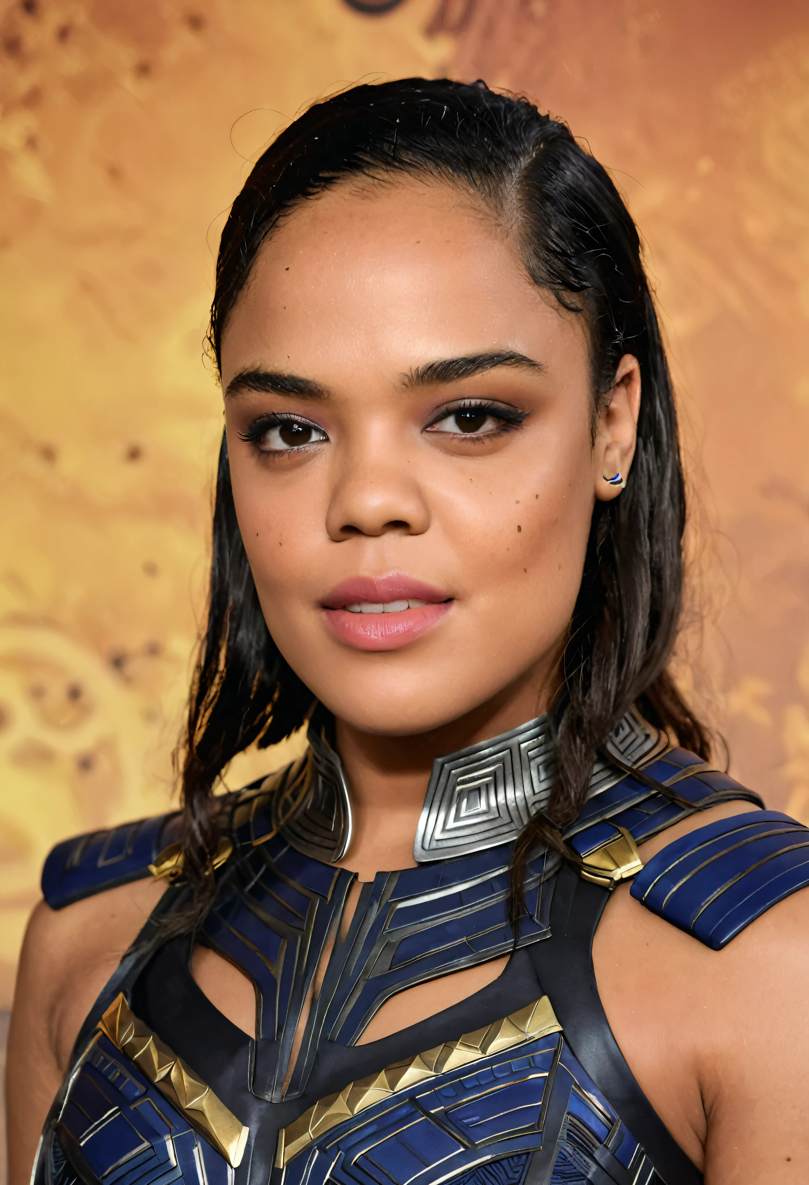 Extremely gorgeous woman Tessa Thompson AS A WAKANDAN WARRIOR, DETAILS, GOOD SKIN, highly detailed, skin pores, sharp focus, amazing details,