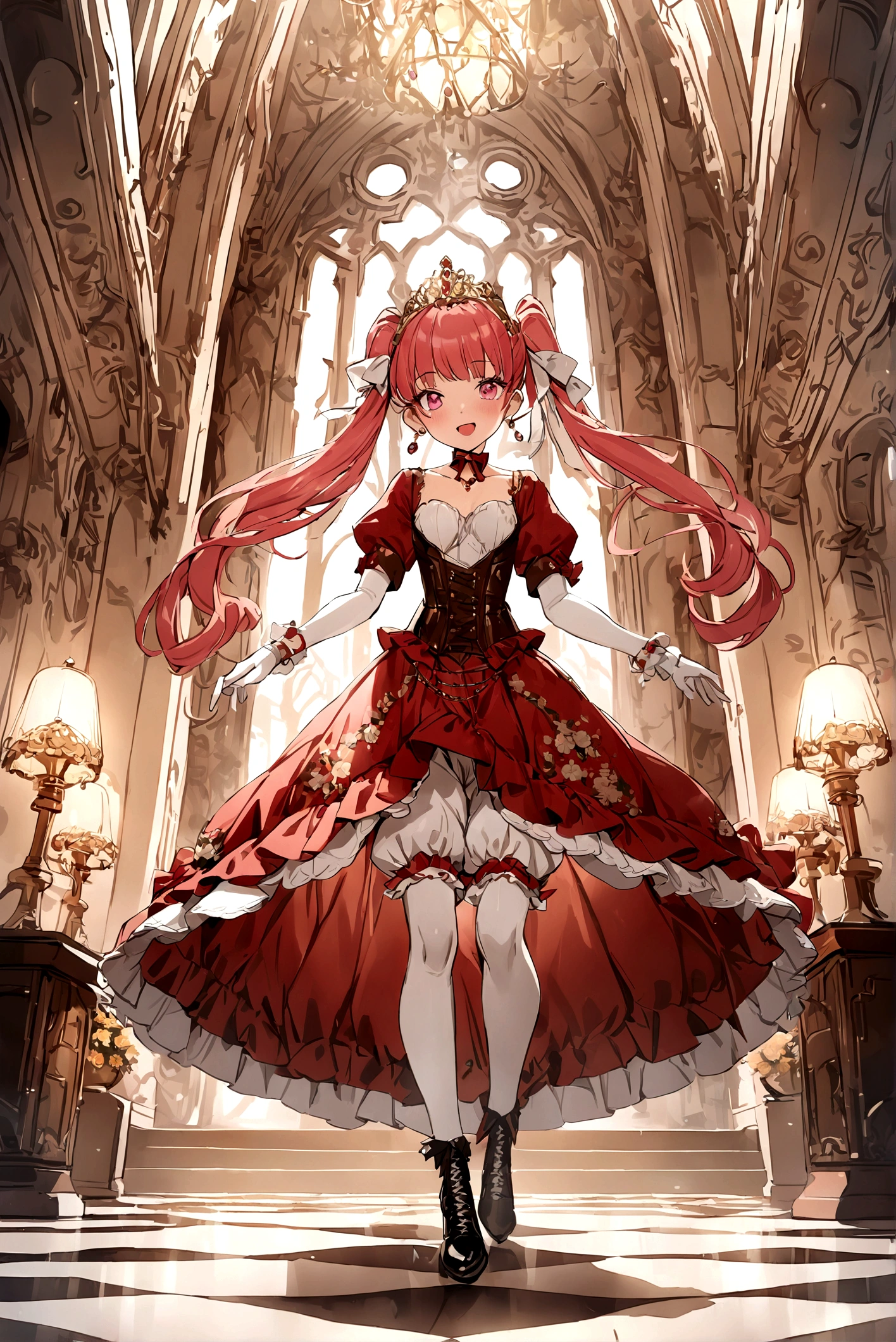 (best quality,4k,8k,highres,masterpiece:1.2),ultra-detailed, Pretty 15 years old princess, drawn in anime style, is cute and happy, long red pigtails hair, pink eyes, small breast, makeup and lipstick, steampunk, red and white ball gown with puffy sleeves, physically-based rendering,gorgeous frilly dress design,flowing gown,elaborate lace details,rich textures,contrast stitching,delicate ribbon bows,floral accents, daisy flowers embroidery, full skirt,short sleeves,fitted waistline,flared cuffs,lace-up back,luxurious fabrics,flawless silhouette, petticoat, bloomers, bustle, corset, hair ribbons, white elbow gloves, ruby earrings and necklace, gold tiara, high heels, holding a fencing sword, standing in castle bedroom, highly detailed, 4K.