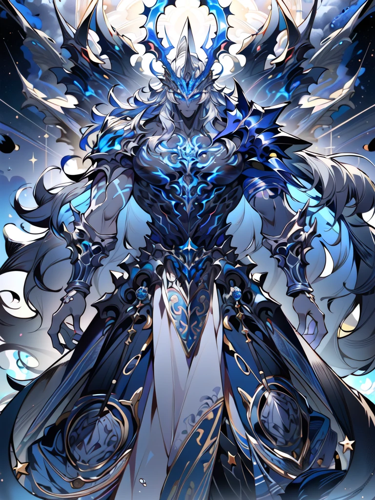 8K resolution, Highly detailed, Digital Painting, Concept art, of the highest quality, Best quality, One, beautiful, 1 man, with a sporty body, V-shaped body, glowing silver detailed armor with glowing blue details, black detailed helmet/crown, floating hair, long hair, white hair, glowing white eyes, blue threads, silver light, against the background of stars and galaxies
((best quality)),((masterpiece)),((highres)),((detailed)), original, extremely detailed 8K wallpaper,intricate details, hyperdetailed, hyper quality, high detail, ultra detailed,perfect lighting,, anime,comic,game CG,