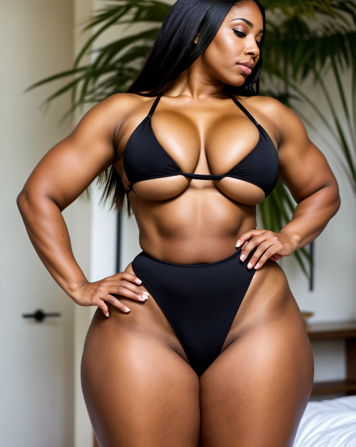close-up photo of a stunning black woman with an extremely curvy body (Brazilian muscular body).