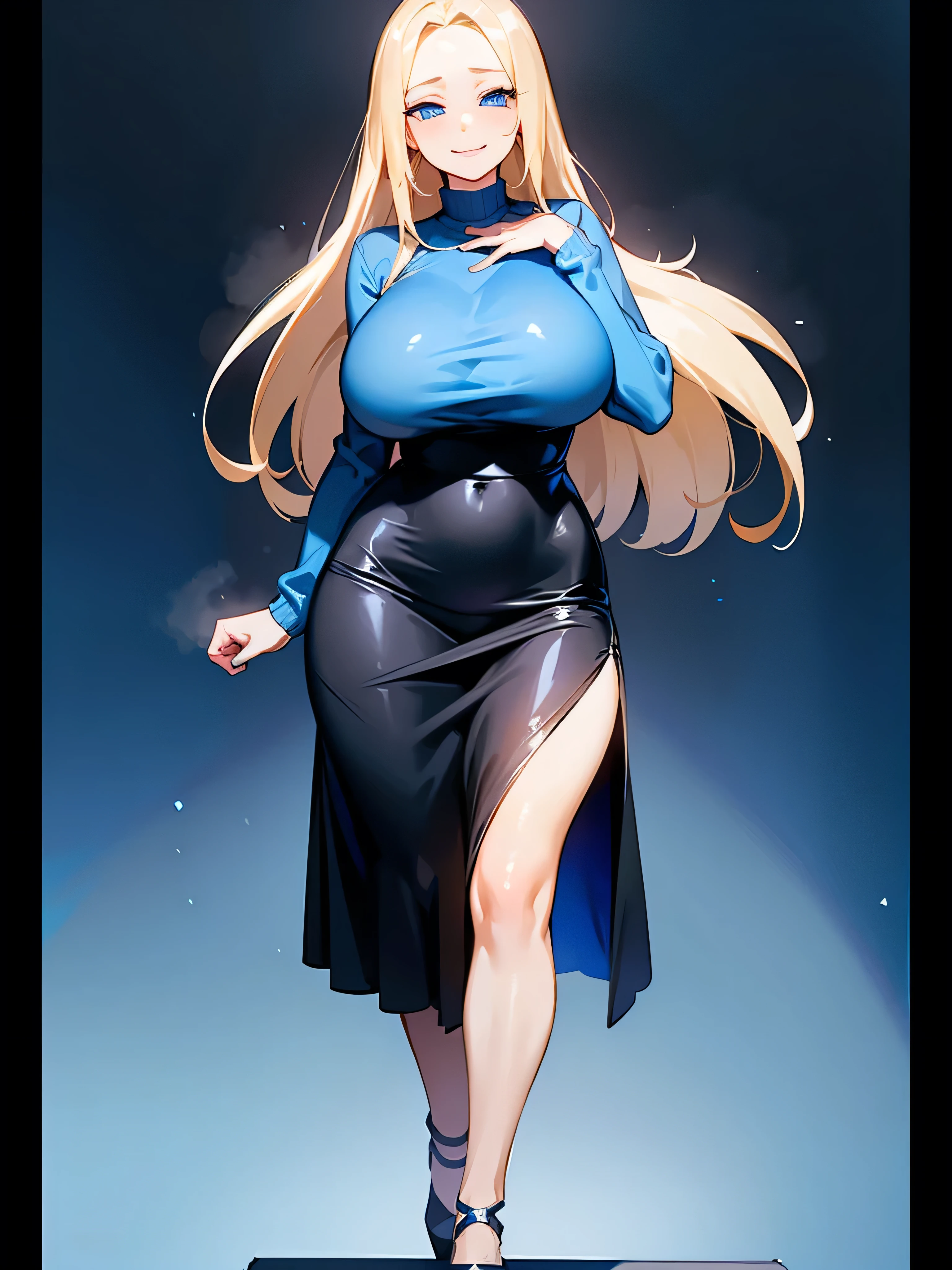 young girl, blue eyes, blue Pullover, black long skirt, whole body to see, smiled, excited, moans, blond long hair, sexy pose, big breasts, wide hips
