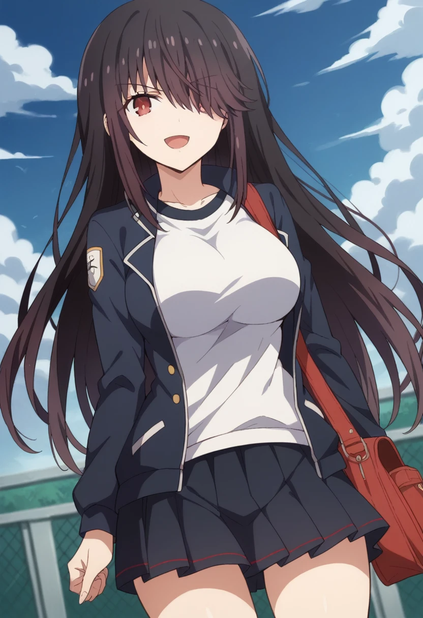 score_9, score_8_up, score_7_up, anime_font, kurumitokisaki, kurumi tokisaki, tokisaki kurumi, long hair, skirt, black hair, red eyes, long sleeves, ribbon, pleated skirt, bag, hair over one eye, smile, dutch angle, looking at viewer, cowboy shot, alone, breasts, looking_at_viewer, open_mouth, big_breasts, shirt, jacket, sky, day, cloud, angry, gym_uniform, hands_on_hips, jacket_on_shoulders