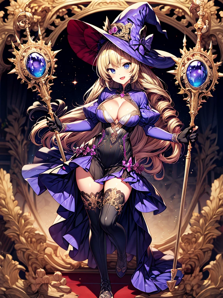 masterpiece, best quality, 1girl, solo, hat, blonde-hair, drill-hair, gloves, , blue-eyes, witch-hat, thigh-boots, thighhighs, boots, elbow-gloves, open-mouth, staff, purple-headwear, smile, dress, full-body, simple-background, cleavag-breasts, lookinewer, purple-dress, very-long-hair, purple-gloves, holding, purple-footwear, wand standing-on-one-leg, twin-drills, holding-staff, witch, black-footwear, puffy-sleeves