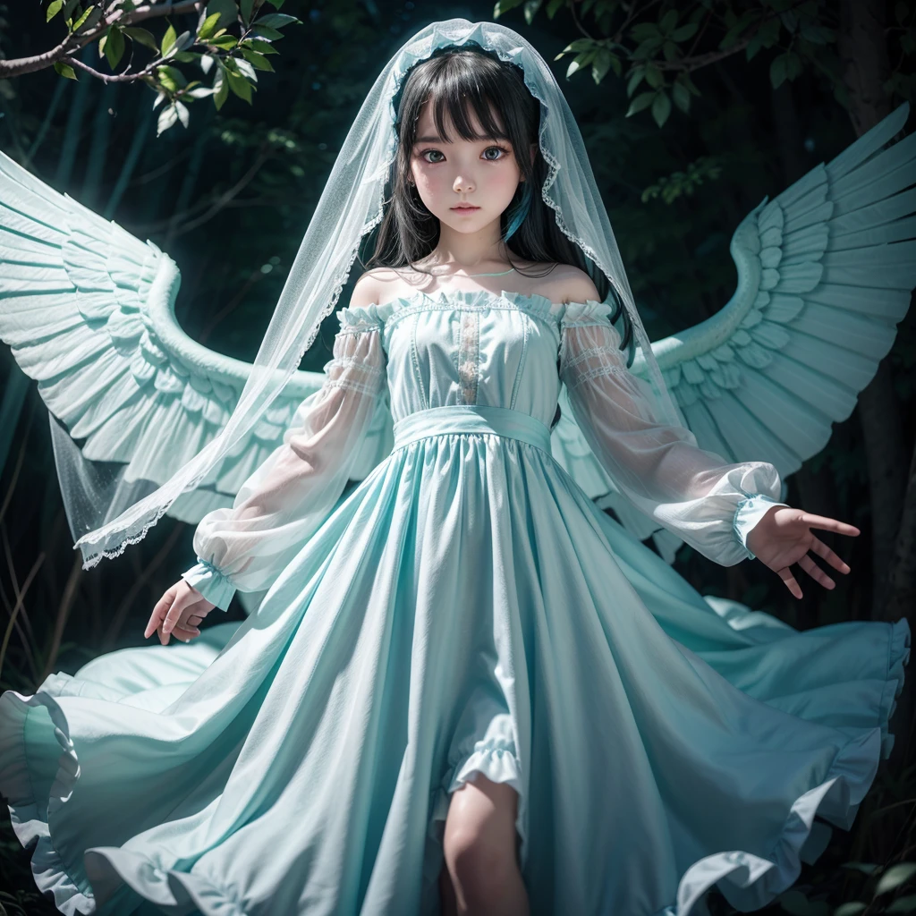Young girl with a white skin with bright cyan eyes with a cyan veil in a long cyan dress with long sleeves and with light blue wings floating in a night forest