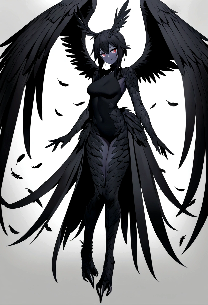 A woman with large bird wings with black feathers for arms, digitigrate bird legs (like those of a dog) and long, larger than the body itself. Her body are completely covered in black feathers, like a furry bird. Her exposed skin on her torso and face is plain white, as she gives a gentle smile. Soft anime style.