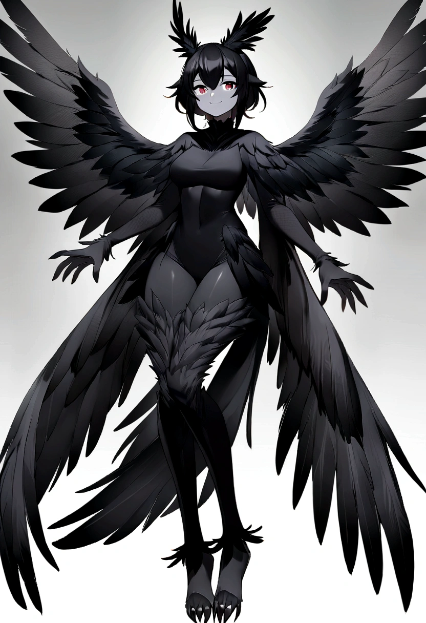 A woman with large bird wings with black feathers for arms, digitigrate bird legs (like those of a dog) and long, larger than the body itself. Her body are completely covered in black feathers, like a furry bird. Her exposed skin on her torso and face is plain white, as she gives a gentle smile. Soft anime style.