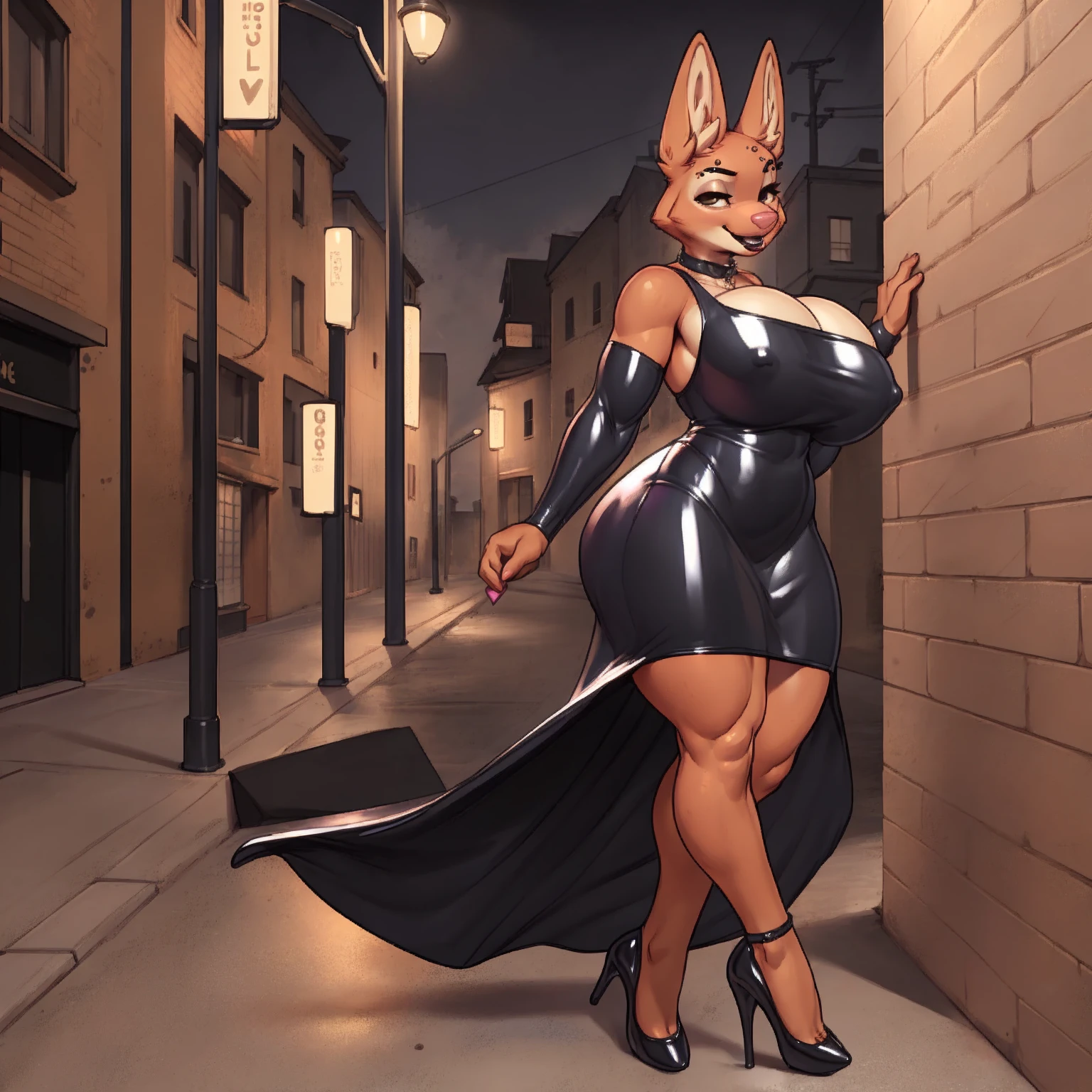 solo, 1girl, Diane Foxington, (huge breasts:1.2), (hyper hips), (big bottom lip:1.2), (deep pink lip gloss:1.3), pink leather collar, bimbo, prostitute, pink eyeshadow, curvy, voluptuous, hourglass figure, long black dress with open thighs, (pink latex dress dress:1.6), (nipple outline:1.1), (wide hips:1), eyebrow piercing, (muscular legs:1.2), (open-toed pink stiletto heels:1.4), (street corner:1.4), late night, street light, standing upright, seductive smile, very tall, sharp detail, crisp detail, looking at viewer, by darkgem, by kevinsano, by BNG,