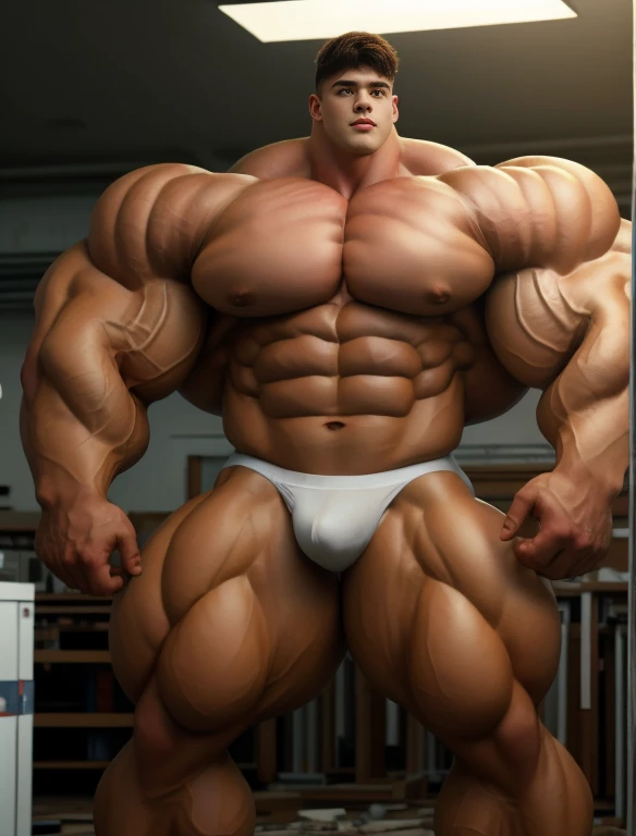 1boy, giant, model shoot style, staring, illuminating light, strong body, bulk, large size, armpit, in the abandoned laboratory, nude, white triangular underwear, prominent bulge, big, brutalmass, giant, muscular body, bulk, massive body, large meaty body size