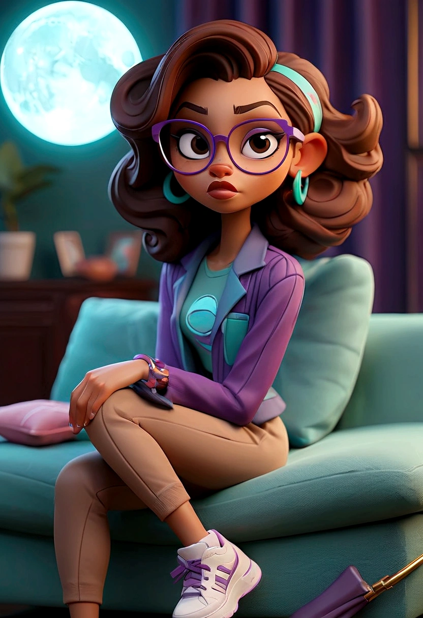 light skin color with medium brown hair with the tips painted blue wearing purple glasses and she is using purple crutches with a purple blouse with a moon print with a purple jacket with cyan stripes with cyan pants with black sneakers sitting on living room on a black sofa