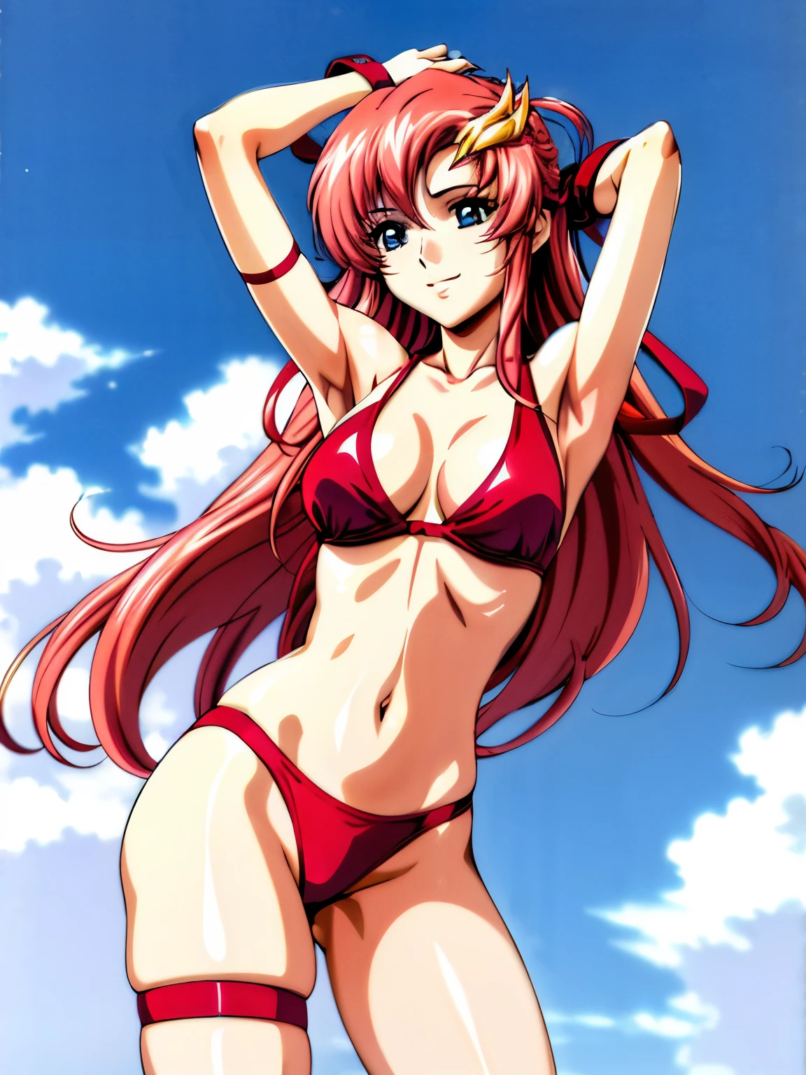 lacus4, (red bikini, running, thong, tall girl, masterpiece, cowboy shot, very slim shoulders, 4K, Best Quality, Anime style: 1.9, happy, Adult Woman, (ultra detailed head), (Crowd, cloud background), Drawing lines, high resolution, lacus4), 1girl, Solo, curvy figure, clavicle, scapular, (Detailed wide hair bangs, very long hair, Hair Ornament, Detailed reddish-pink hair, free flowing hair, shiny streaks, slim arms, detailed golden crest), cleavage, (hair cover shoulders). (Big blue eyes, shiny eyes), ((female wrestler, (slim body), slim arms, thighs)), ((perfect proportions, medium breasts, medium thighs, long belly)), ((leg strap)), smile with a wink, (standing, hot colors), detailed fingers, (bare shoulder, stretching, one arm up, looking away)