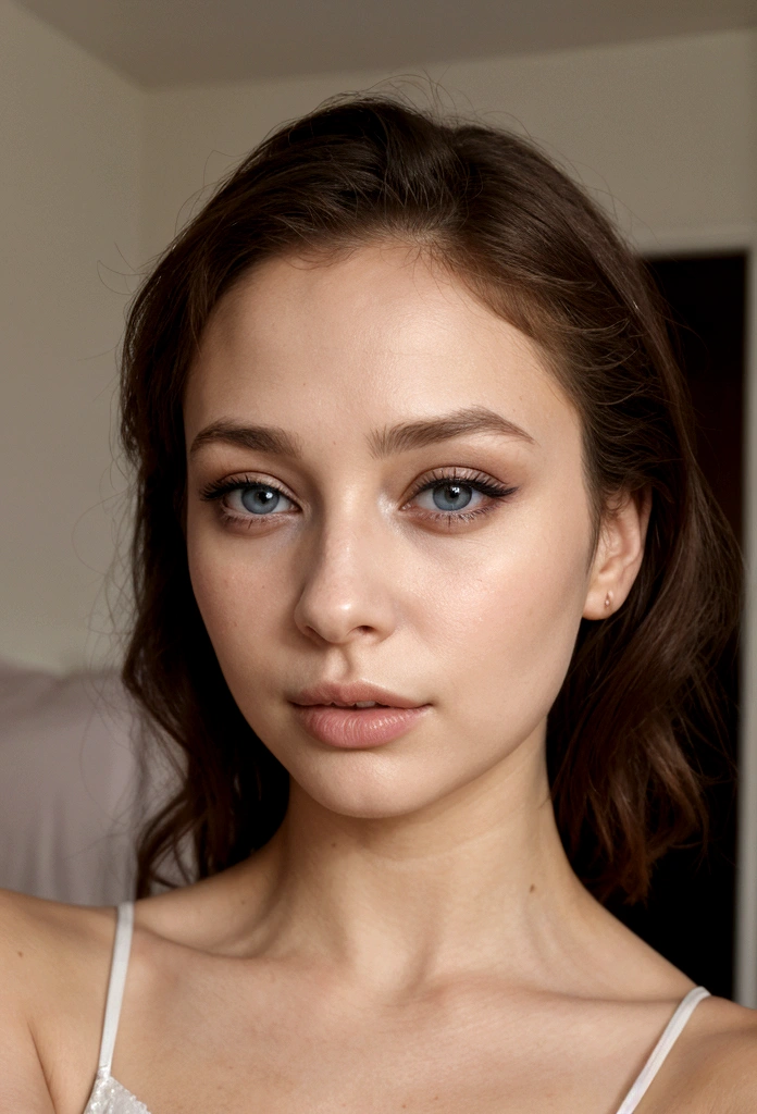 arafed femme pleinement , fille sexy aux yeux bleus, ultra realistic, Meticulously detailed, Portrait de Sophie Mudd, cheveux blonds et grands yeux, selfie d'une jeune femme, Yeux de chambre, violette myers, sans maquillage, maquillage naturel, regarder directement la caméra, visage avec artgram, maquillage subtil, superbe photo de tout le corps à genoux sur le lit, dans la chambre, Medium to large bust