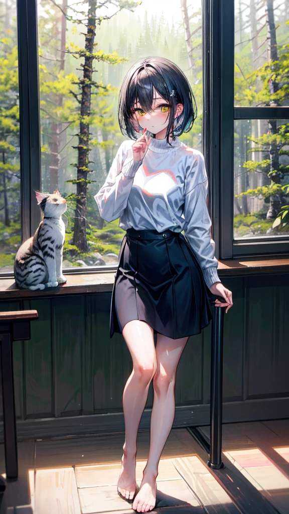 (Best quality, 8k, 32k, Masterpiece, UHD,:1.2),RAW, 1girl,ultra cute , natural lighting,transparent shining eyes, 20yo,medium breast ,fair complexion ,flushed face, dynamic angle, short hair, White sweater, Standing near windows, ((Big Norwegian Forest Cat at her foot)), Big Cat, Playing with Cat, fun, Closeup Shot