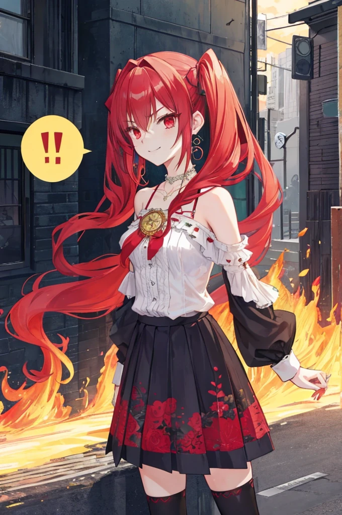 {{Eroge,Game CG,High quality game CG},{{{1girl in}}},{{masutepiece}}, {{{Best Quality}}}, {{Ultra-detailed}}, {{Illustration}},,{{magical }},brooches,,,, {{disheveled hair}},,Big hair, Gradient Hair,Small breasts,,,Drill Hair, {pocket watch},absurdly long hair, Dreadlocks, Red hair, Red hair,Red hair,Gradient Hair,((Evil smile)), v shaped_eyebrows, zettai_ryouiki,,,, floral print and pleated skirt. Add accessories like fringed earrings or a statement necklace.、Complete the look. Gather on the grassland with adventurers,burning city background,((Shoulders and arms are exposed)),(Evil smile),Furious,(Evil smile),(loli girl),i girl),Jeweke red eyes,(Arms Exposed),((high twintails)),twintails, girl,((full body)),angry,burning city,