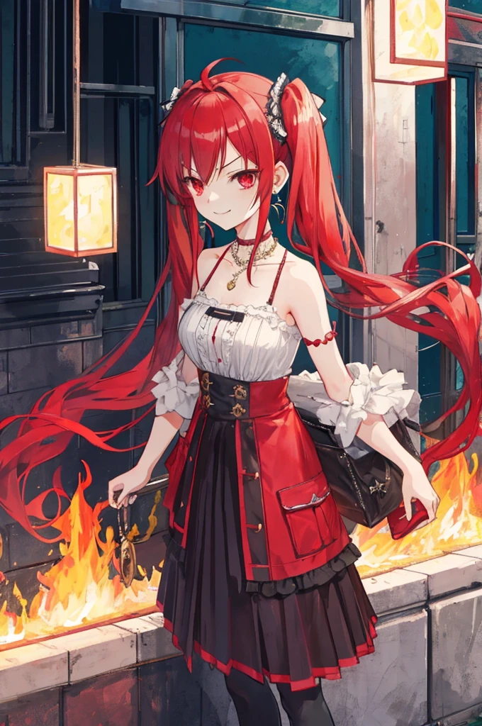 {{Eroge,Game CG,High quality game CG},{{{1girl in}}},{{masutepiece}}, {{{Best Quality}}}, {{Ultra-detailed}}, {{Illustration}},,{{magical girl}},brooches,,,, {{disheveled hair}},,Big hair, Gradient Hair,Small breasts,,,Drill Hair, {pocket watch},absurdly long hair, Dreadlocks, Red hair, Red hair,Red hair,Gradient Hair,((Evil smile)), v shaped_eyebrows, zettai_ryouiki,,,, floral print and pleated skirt. Add accessories like fringed earrings or a statement necklace.、Complete the look. Gather on the grassland with adventurers,burning city background,((Shoulders and arms are exposed)),(Evil smile),Furious,(Evil smile),(loli gl),(loli gir,Jewel-like red eyes,(Arms Exposed),((high twintails)),twintails, girl,((full body)),angry,burning city,