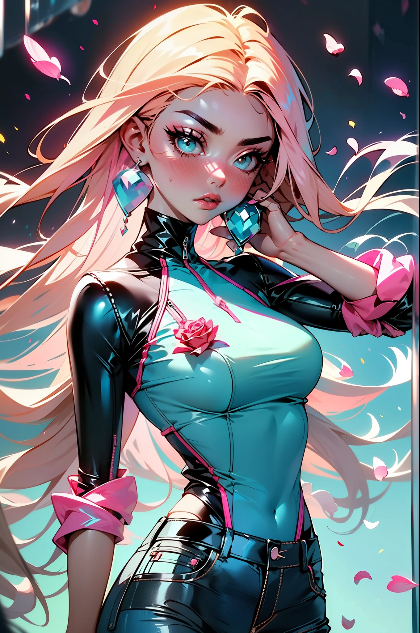 cyberpunk female woman wearing (Rose Quartz Pink Denim Jacket with chromatic accents:1.1), sleek full bodysuit, (Petal Blush,Lagoon Blue color background:1.3),