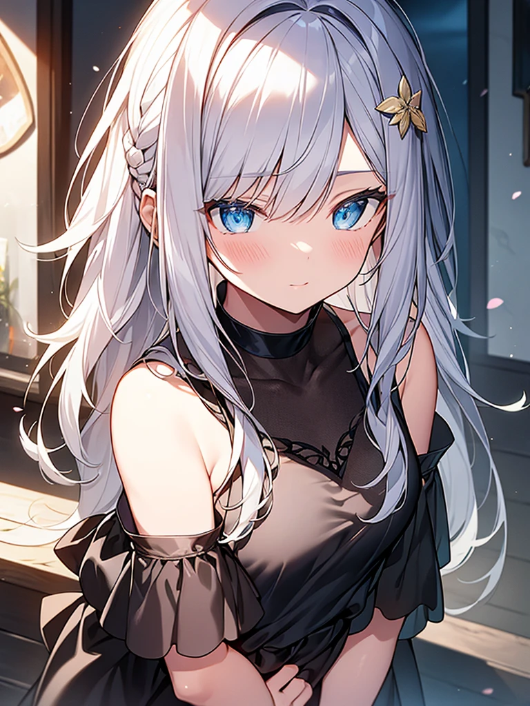 single anime girl
BREAK long white-silver hair, braid, side bangs, hair ornament, flower hair clip, blue eyes, thin lips, small , thin thighs
BREAK casual dress, gold ring, sleeveless dress, dark blue dress
BREAK looking at viewer, upper body, blush, slightly annoyed face, walking, dynamic pose
BREAK middle ages city background
BREAK (masterpiece:1.2), best quality, high resolution, unity 8k wallpaper, (illustration:0.8), (beautiful detailed eyes:1.6), extremely detailed face, perfect lighting, extremely detailed CG, (perfect hands, perfect anatomy)