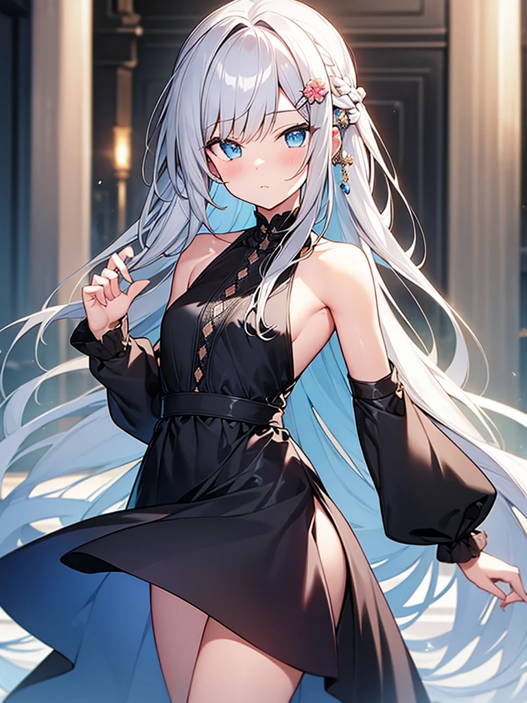 single anime girl
BREAK long white-silver hair, braid, side bangs, hair ornament, flower hair clip, blue eyes, thin lips, small , thin thighs
BREAK casual dress, gold ring, sleeveless dress, dark blue dress
BREAK looking at viewer, upper body, blush, slightly annoyed face, walking, dynamic pose
BREAK middle ages city background
BREAK (masterpiece:1.2), best quality, high resolution, unity 8k wallpaper, (illustration:0.8), (beautiful detailed eyes:1.6), extremely detailed face, perfect lighting, extremely detailed CG, (perfect hands, perfect anatomy)