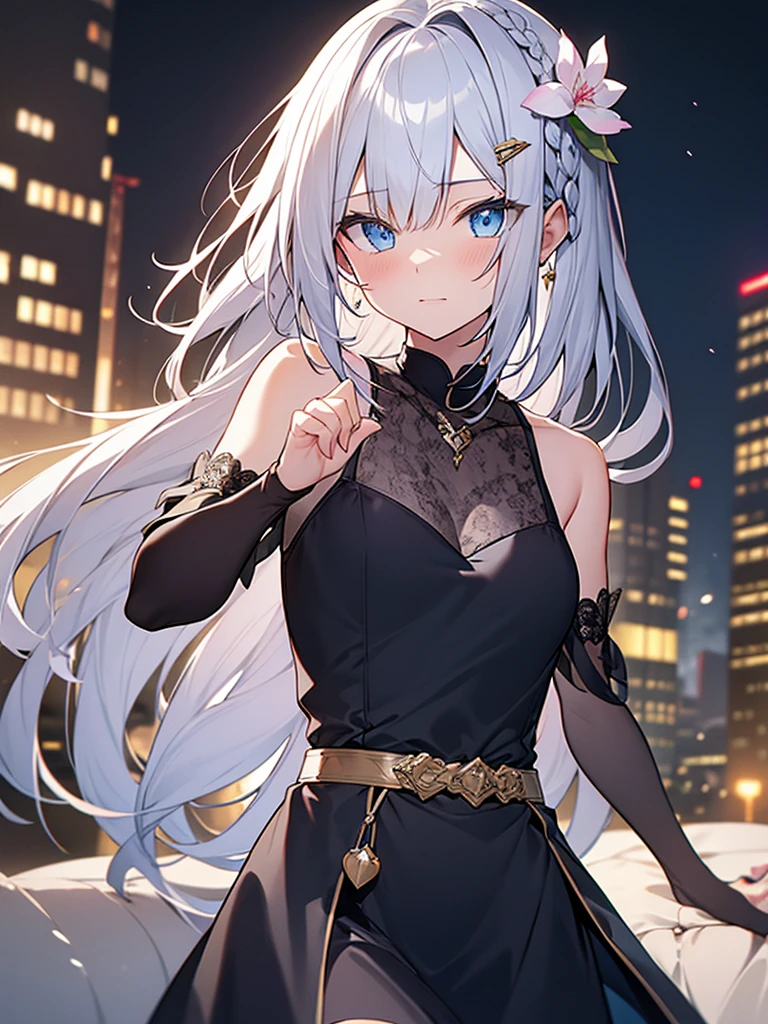 single anime girl
BREAK long white-silver hair, braid, side bangs, hair ornament, flower hair clip, blue eyes, thin lips, small , thin thighs
BREAK casual dress, gold ring, sleeveless dress, dark blue dress
BREAK looking at viewer, upper body, blush, slightly annoyed face, walking, dynamic pose
BREAK middle ages city background
BREAK (masterpiece:1.2), best quality, high resolution, unity 8k wallpaper, (illustration:0.8), (beautiful detailed eyes:1.6), extremely detailed face, perfect lighting, extremely detailed CG, (perfect hands, perfect anatomy)