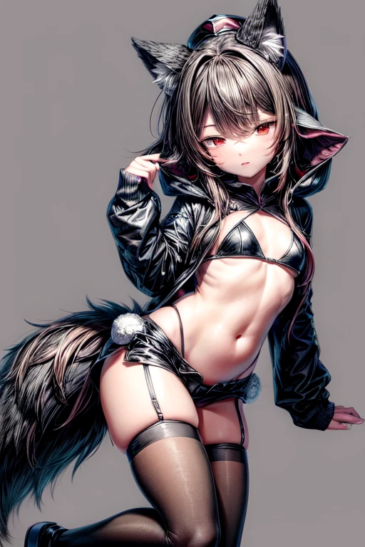 masterpiece, best quality, anime, ((girl)), cute, blank Black Hoodie, front view, ((Red eyes)), ((Black Really Fluffy Wolf tail and ears)), Cute expression, belly showing, Black Sport-Shorts with Thigh Highs. Black hat