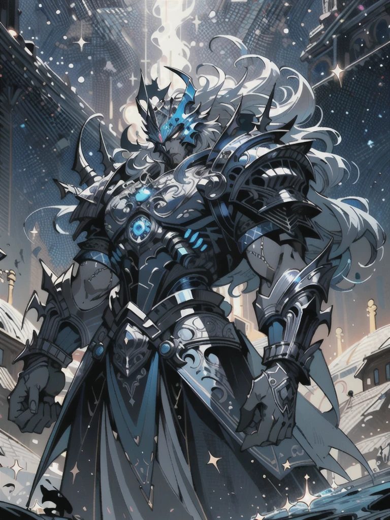 8K resolution, Highly detailed, Digital Painting, Concept art, of the highest quality, Best quality, One, beautiful, 1 man, with a sporty body, V-shaped body, glowing silver detailed armor with glowing blue details, black detailed helmet/crown, floating hair, long hair, white hair, glowing white eyes, blue threads, silver light, against the background of stars and galaxies

((best quality)),((masterpiece)),((highres)),((detailed)), original, extremely detailed 8K wallpaper,intricate details, hyperdetailed, hyper quality, high detail, ultra detailed,perfect lighting,, anime,comic,game CG,