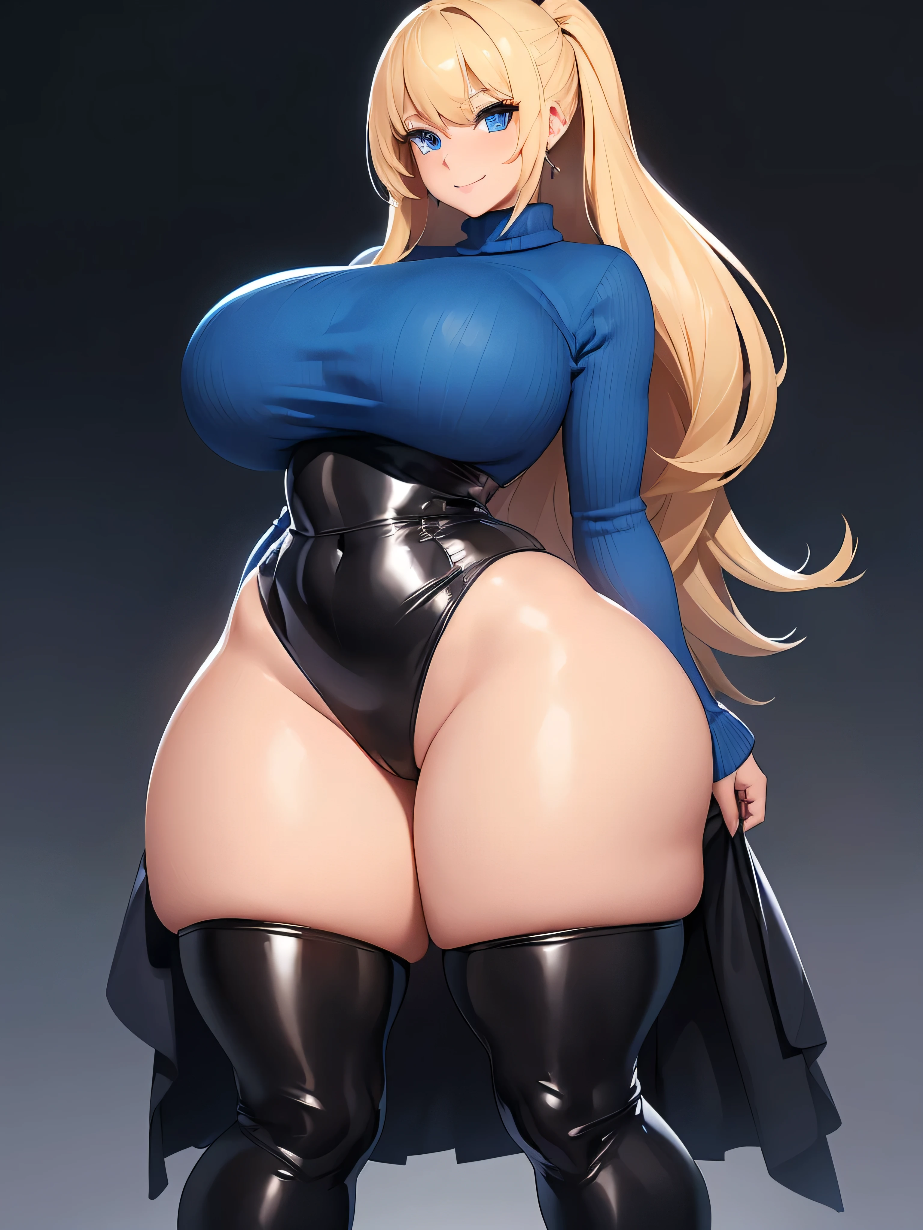young girl, blue eyes, blue Pullover, black long skirt, whole body to see, smiled, excited, moans, blond long hair, (( very wide hips)), (((colossal Thighs, gigantic thighs, very huge thighs, very big thighs))), sexy pose, wet clothes