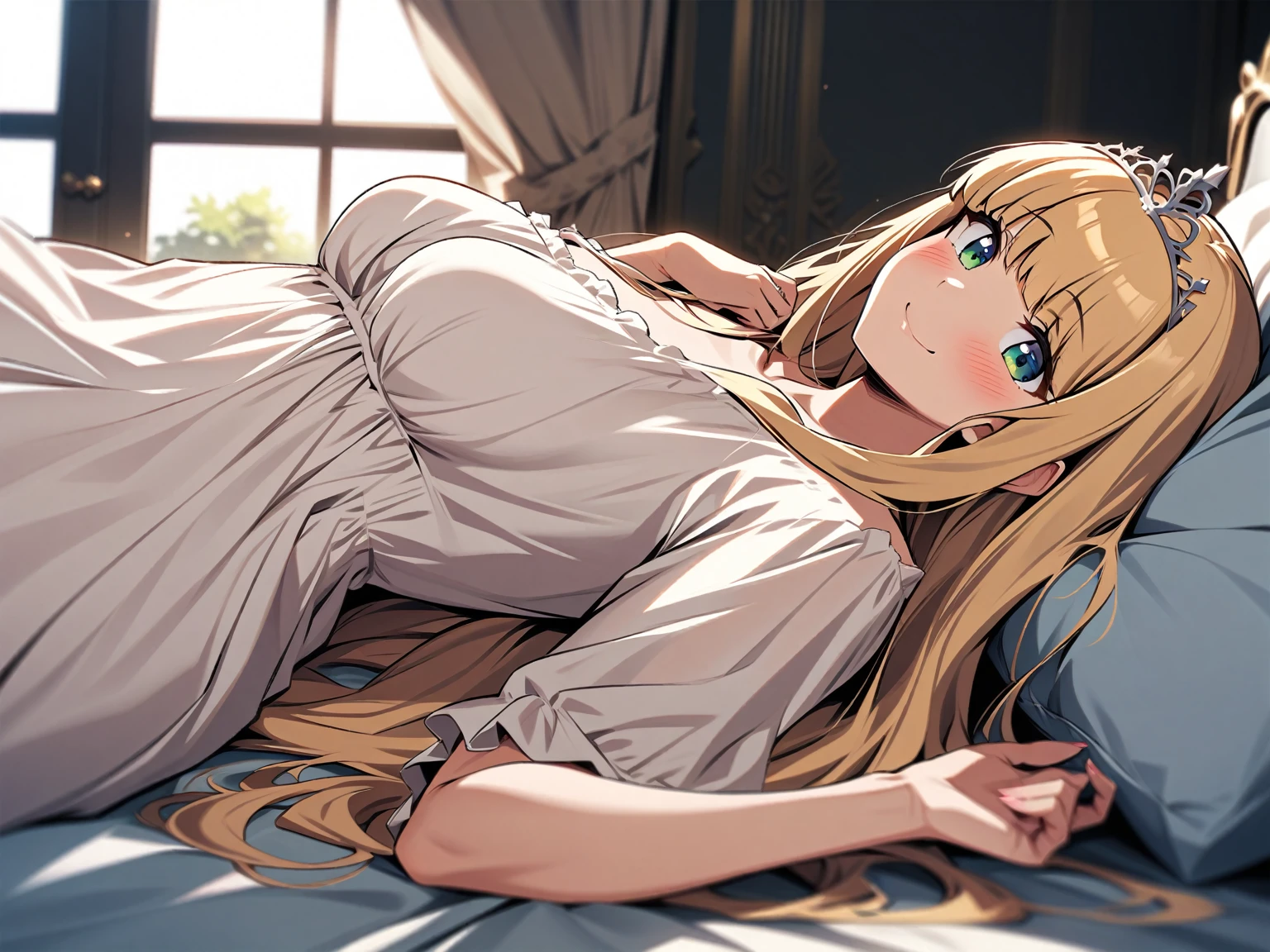 {{cowboy shot, sideways, pov, from side}} {{Artist: moisture_(chichi)}} 1 woman ,solo, mature female, elegant, princess, medium breasts, straight hair, golden hair, long hair, hime cut, green eyes, nightgown, tiara lying on bed, smile, blush, indoors, palace bedroom, moonlight from window, medieval fantasy.