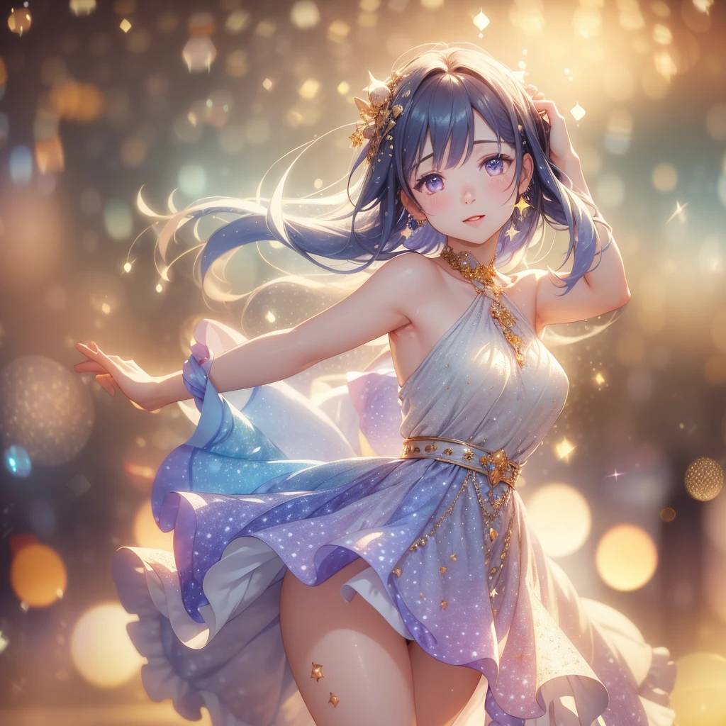 Colorful music stage, Beautiful idols, Idol costumes, Beautiful faces, Beautiful legs, Colorful colors, Detailed background, Beautiful singing voice, Fantastic atmosphere, High quality, 8K Ultra HD, 3D effect, Animation style digital illustration, Soft cartoon style, 3D effect, Luminism, 3D rendering, Octane Rendering, Isometric, Full Color, Delicate Anime Character Expressions, Whimsical Lighting, Captivating Atmosphere, Soft Textures, Imaginative Artwork, Mysterious Glow, Silent Luminescence, Sparkling Stars, Vivid Background, Full Length, (((Rule of Thirds))), High Quality Description: (Bokeh: 2), High Detail, High Resolution, (Bokeh: 2), Backlight, Long Exposure: 2, Emphasis on the armpit and clavicle closeup, long skirt