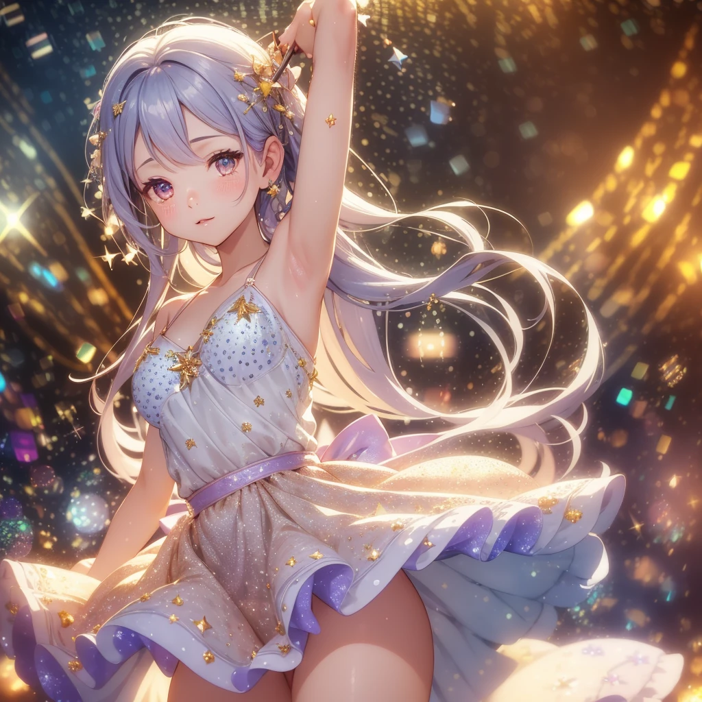 Colorful music stage, Beautiful idols, Idol costumes, Beautiful faces, Beautiful legs, Colorful colors, Detailed background, Beautiful singing voice, Fantastic atmosphere, High quality, 8K Ultra HD, 3D effect, Animation style digital illustration, Soft cartoon style, 3D effect, Luminism, 3D rendering, Octane Rendering, Isometric, Full Color, Delicate Anime Character Expressions, Whimsical Lighting, Captivating Atmosphere, Soft Textures, Imaginative Artwork, Mysterious Glow, Silent Luminescence, Sparkling Stars, Vivid Background, Full Length, (((Rule of Thirds))), High Quality Description: (Bokeh: 2), High Detail, High Resolution, (Bokeh: 2), Backlight, Long Exposure: 2, Emphasis on the armpit and clavicle closeup, long skirt