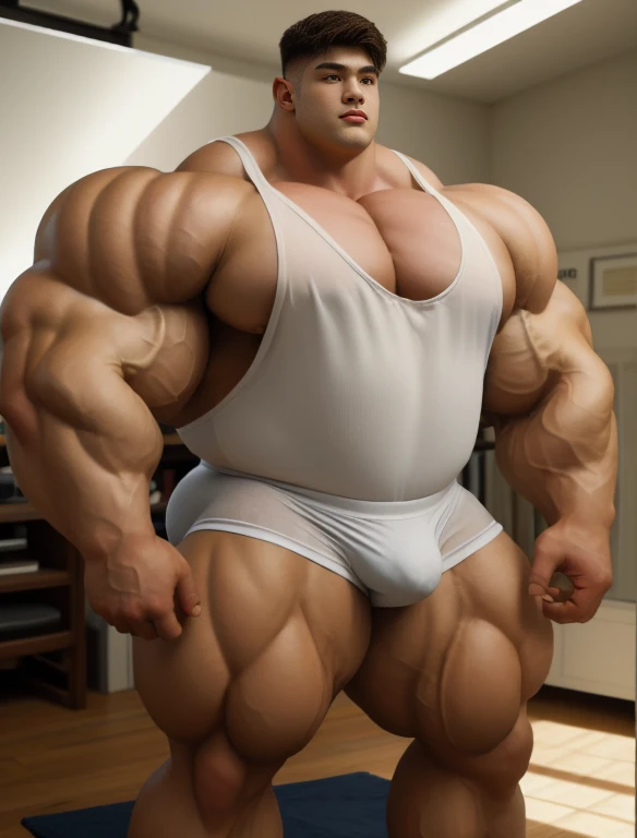 1boy, giant, model shoot style, staring, illuminating light, strong body, bulk, large size, armpit, in the photo studio room, nude, white singlet & triangular underwear, prominent bulge, big, brutalmass, giant, muscular body, bulk, massive body, large meaty body size 