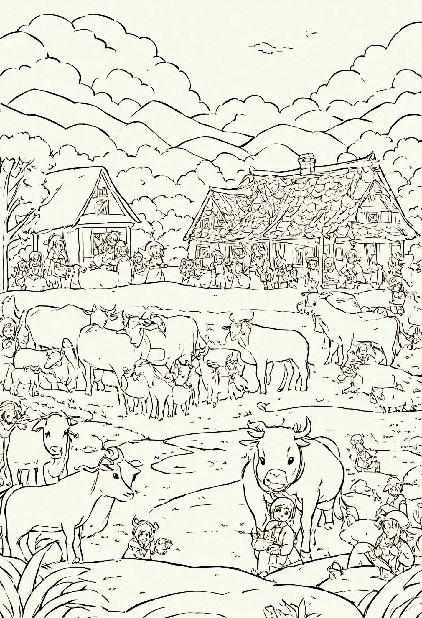 Book page coloring art, All-white background, Use only outlines, line art, coloring book, Clean line art, For coloring Simple and clean line art, coloring book page, With a brush of Alphonse Mucha, perfect detail, A peaceful village with mud houses, people doing daily chores, children playing, and animals like cows and goats. There’s a well in the center where women are drawing water. Elements: Mud houses, a well, people, children, cows, goats, trees, and simple village roads.