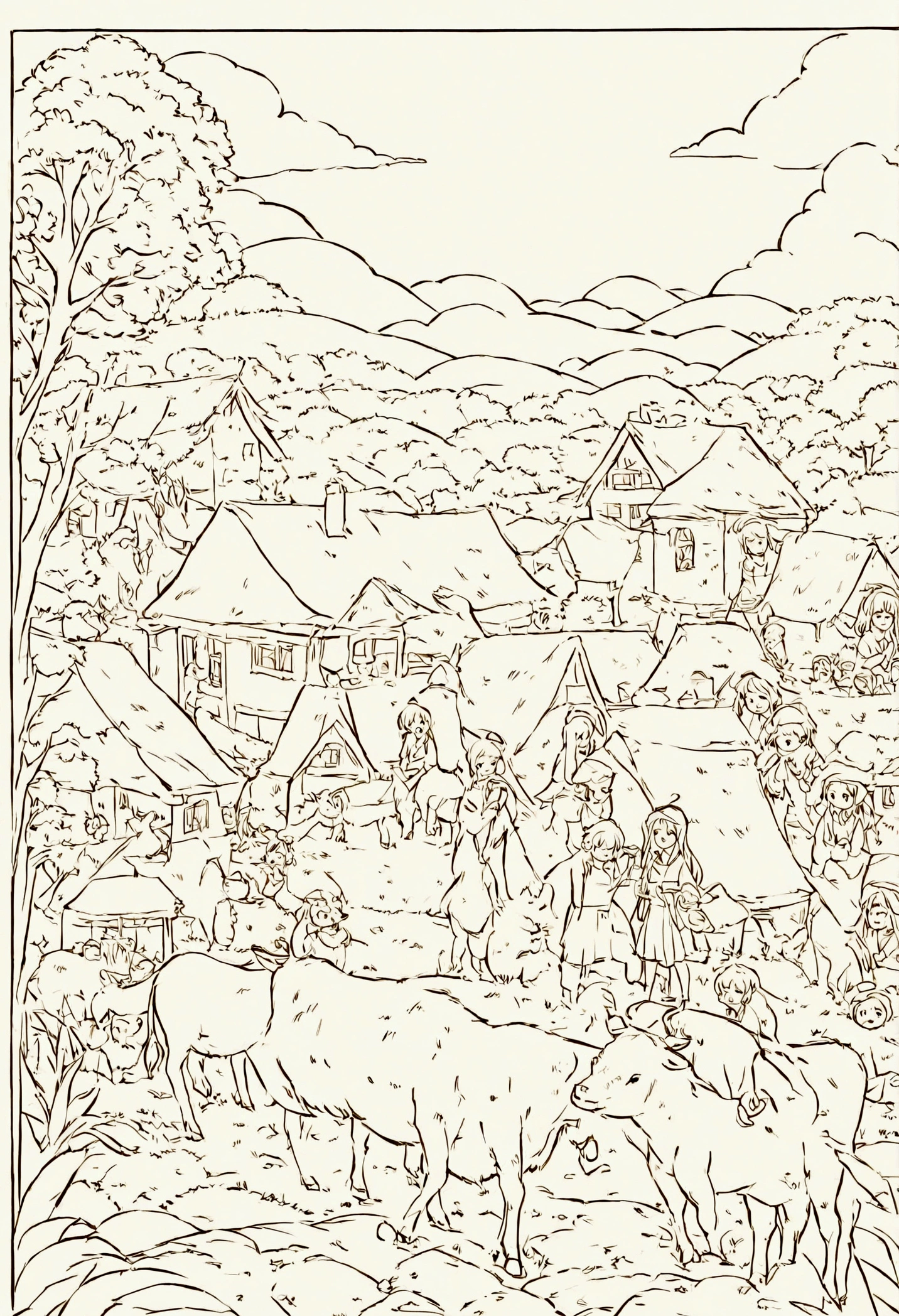Book page coloring art, All-white background, Use only outlines, line art, coloring book, Clean line art, For coloring Simple and clean line art, coloring book page, With a brush of Alphonse Mucha, perfect detail, A peaceful village with mud houses, people doing daily chores, children playing, and animals like cows and goats. There’s a well in the center where women are drawing water. Elements: Mud houses, a well, people, children, cows, goats, trees, and simple village roads.